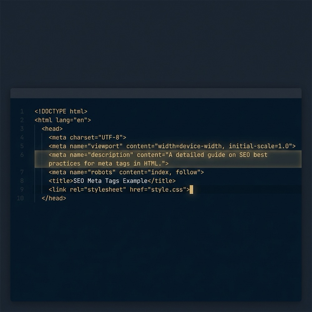Realistic full frame screenshot of an HTML head section in a minimal dark editor showing highlighted metatags lines on background 0B1E33