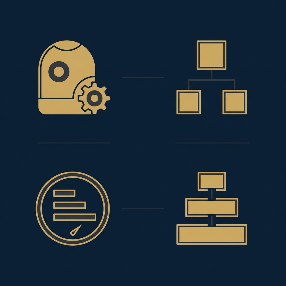 Minimal 2D vector infographic for search engine optimization marketing showing four icons for robots sitemap core web vitals and schema in Orvus Ltd brand colors