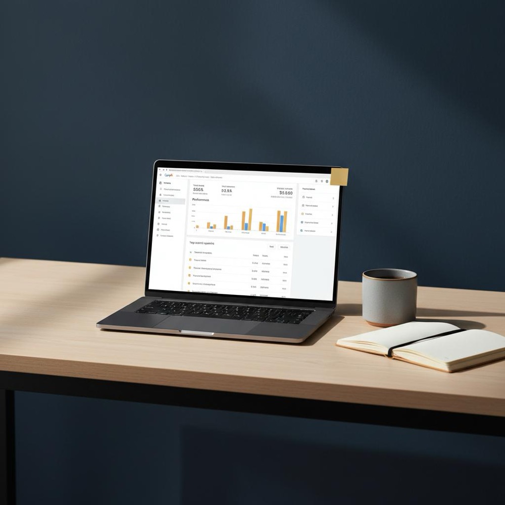 Minimalist desk with laptop displaying Google Search Console dashboard and performance charts, subtle Orvus Ltd. #C8A45D accents, natural light - check SEO ranking