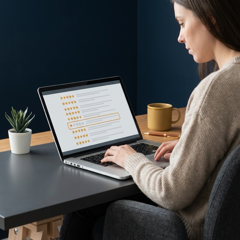 Small business owner checking a bad Google review on a laptop in a minimalist Orvus Ltd styled workspace with deep navy background and warm gold accents