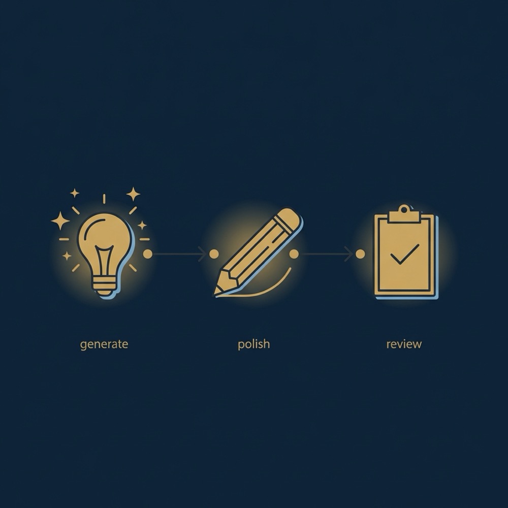 Minimal 2D vector infographic in Orvus colors showing three step workflow with icons for generate polish review on deep blue background best ai for writing