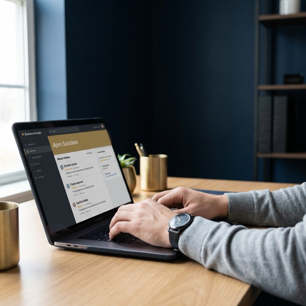 Person managing online business reviews on a laptop showing a business profile after Google review removed, minimalist navy background with gold accents