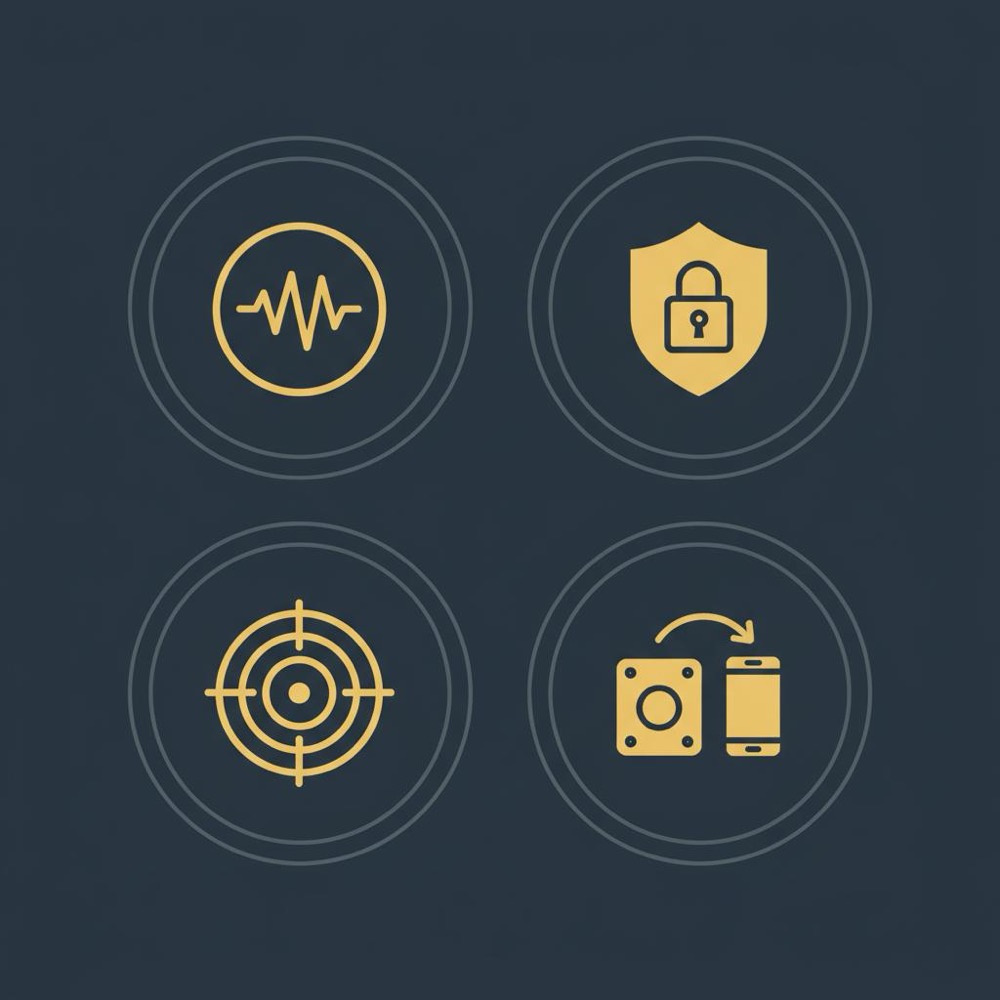 Minimal 2D vector infographic with four icons (voice waveform, padlock, target, fallback arrow) illustrating disadvantages of voice search.