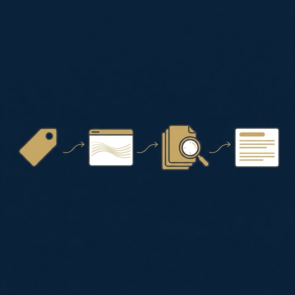 Minimalist vector infographic showing metatags flow to rendering indexing and search snippets on dark blue Orvus Ltd brand background