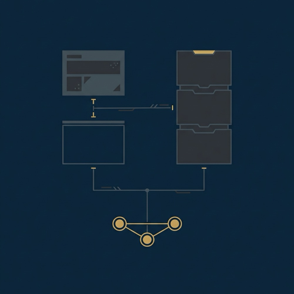 Minimal 2D vector infographic showing headless CMS monolithic CMS and integration nodes icons in Orvus Ltd brand colors cms seo