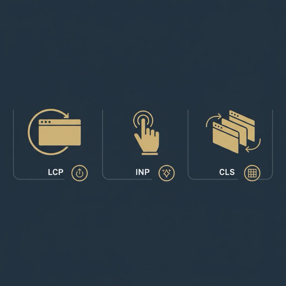 Minimal 2D vector infographic of Core Web Vitals icons (LCP, INP, CLS) with small action bullets in Orvus Ltd brand colors, designed to support google ranking