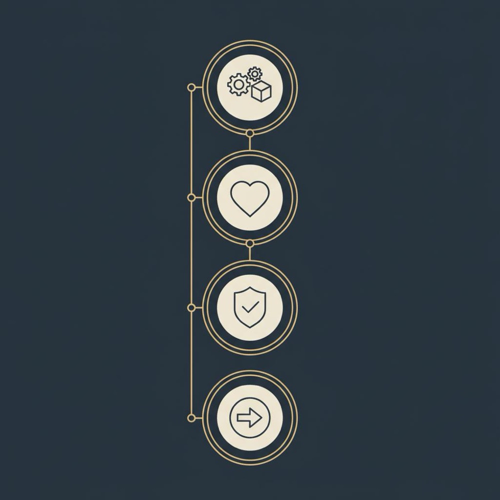 Flat 2D vector infographic of four stacked icons (feature, heart benefit, shield proof, arrow CTA) on #0B1E33 with #C8A45D accents for copywriting