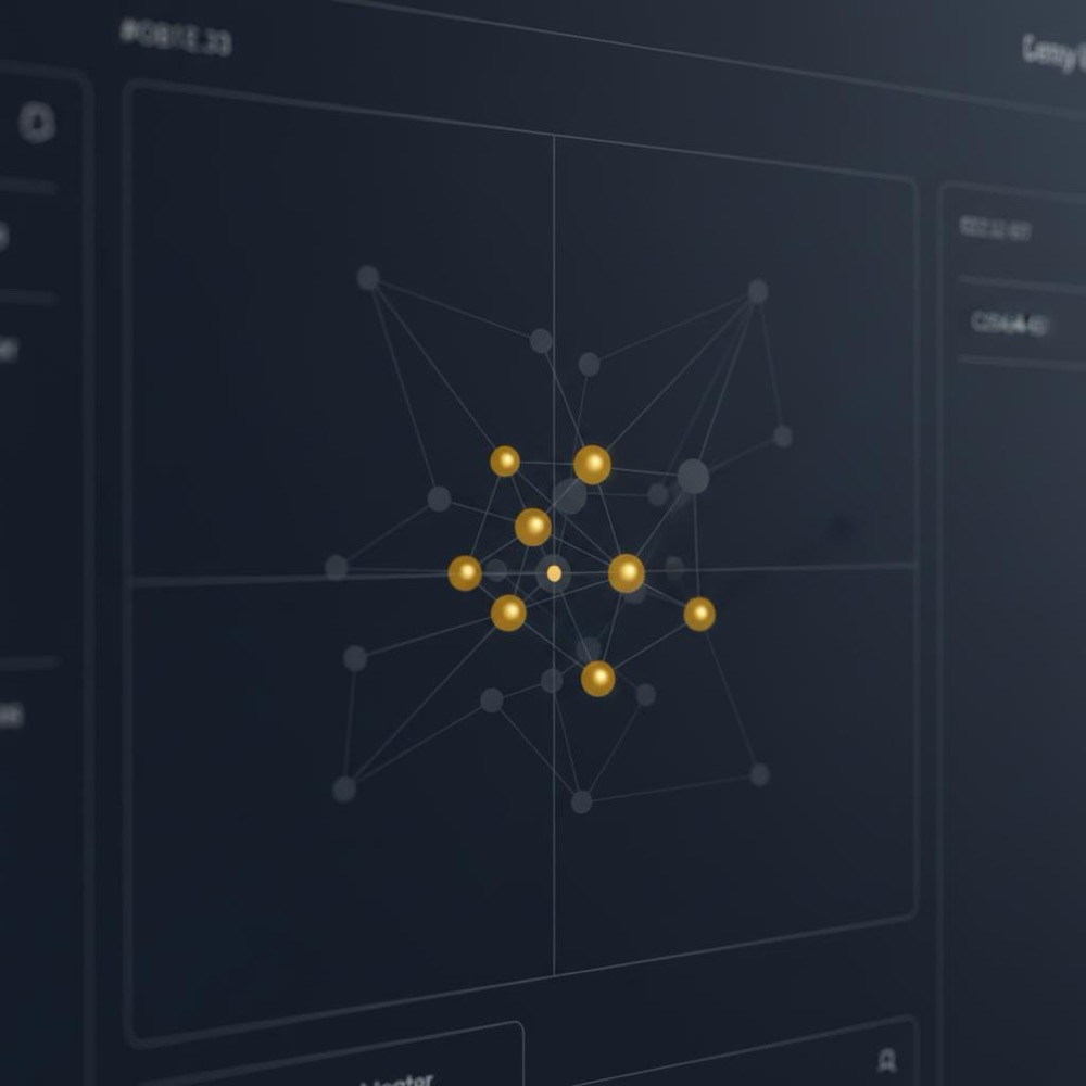 Minimalist dashboard network graph illustrating how to manipulate PageRank with highlighted nodes and edges in Orvus brand colors #C8A45D and #2E3237 on #0B1E33