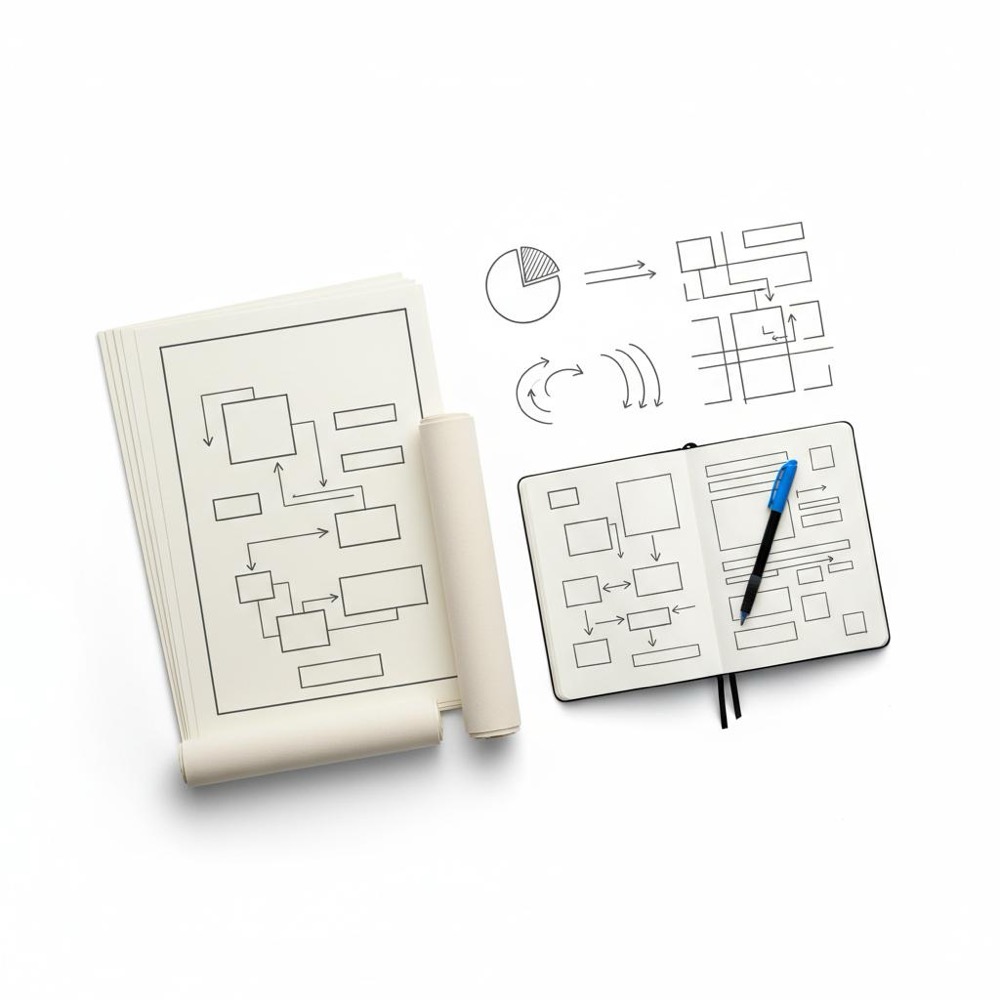 Minimal studio corner with open sketchbook sitemap wireframe, archival prints and rolled canvas suggesting site planning and print prep - Is Squarespace worth it for artists?