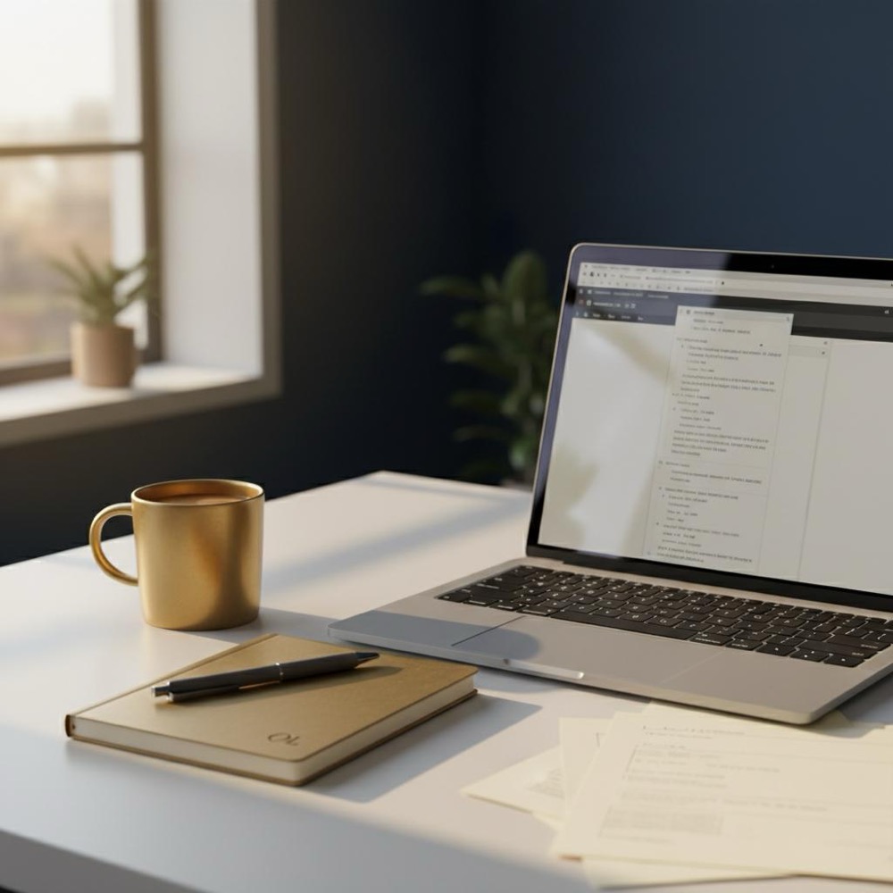 Minimalist writer desk full-frame with laptop showing a document edit, notes, drafts, notebook and #C8A45D-accent mug in warm light - rewrite