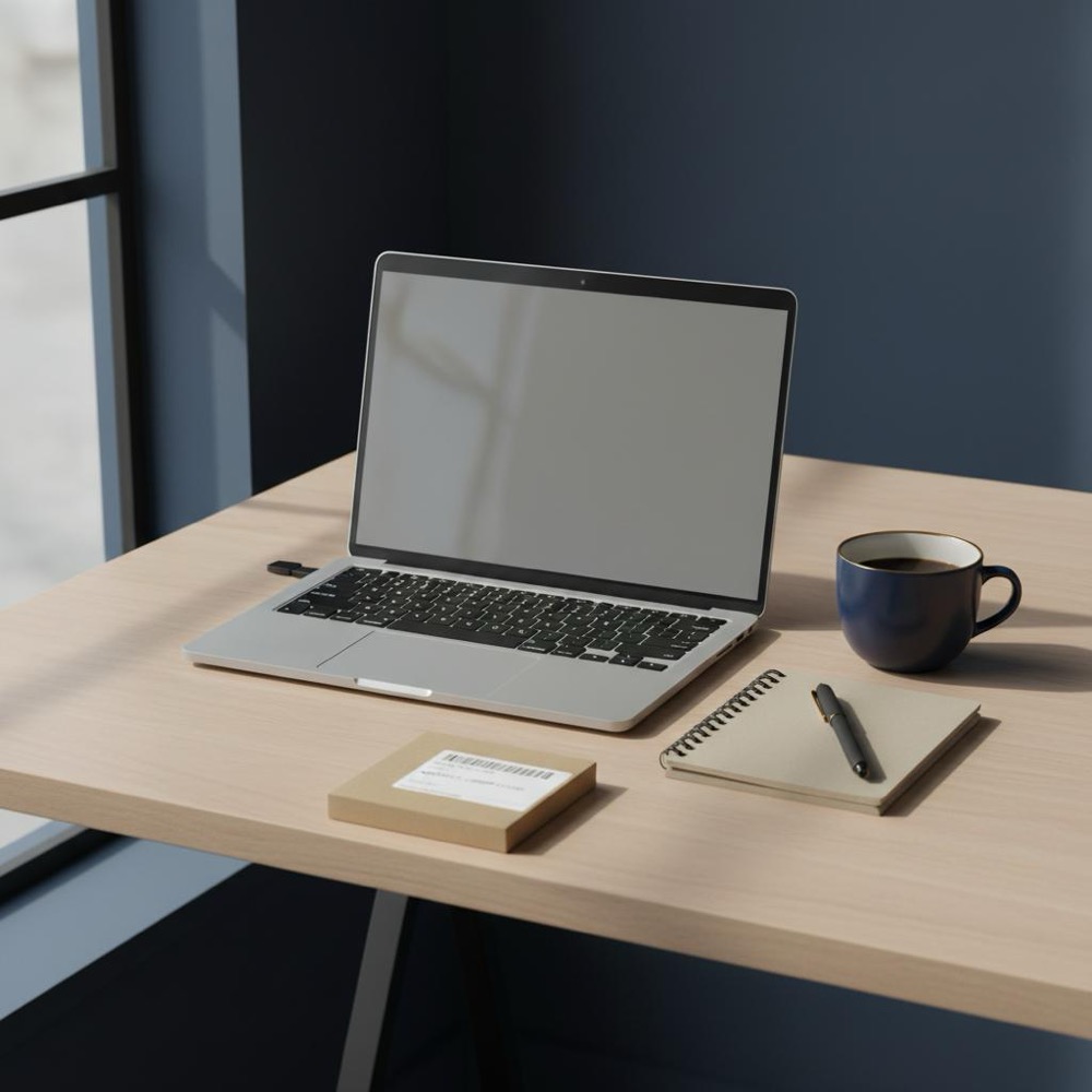 Tidy modern small-business workspace with laptop, notepad, coffee cup and subtle e-commerce label, styled in Orvus Ltd colors to improve SEO in Wix.