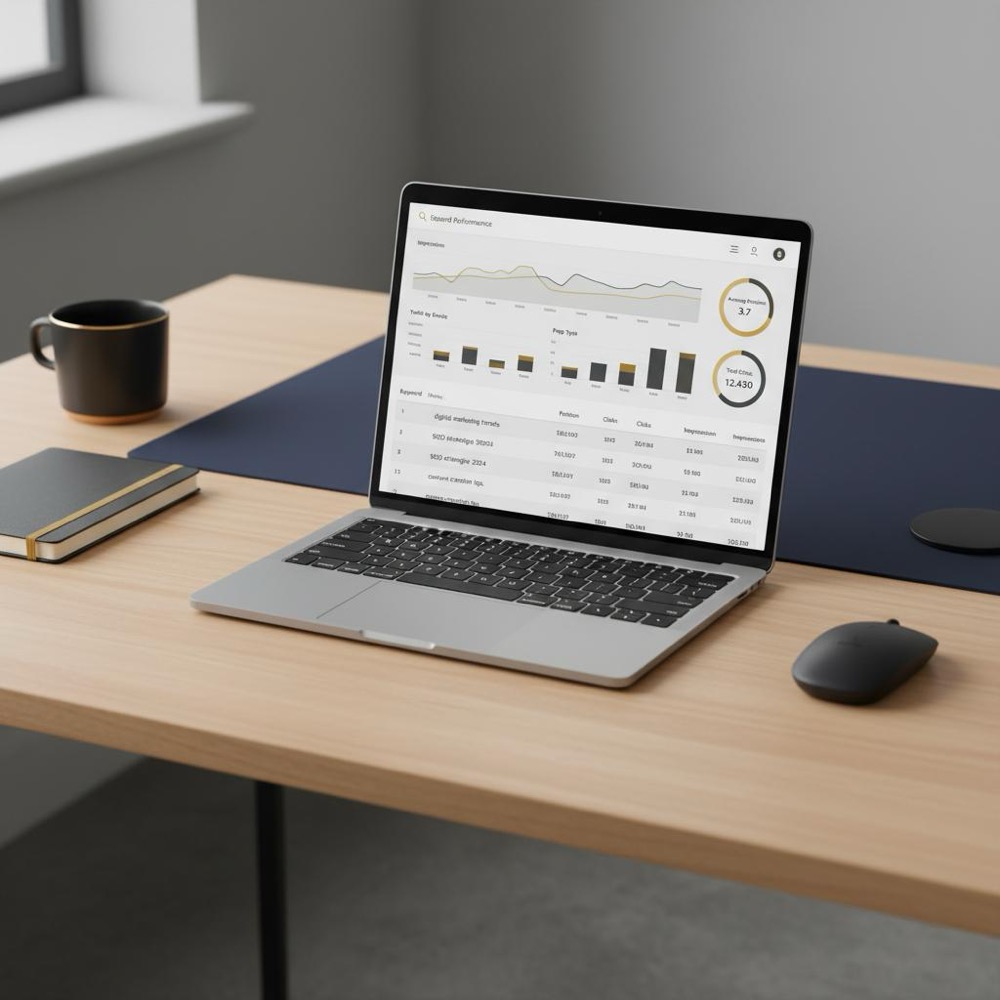 Minimalist desk with laptop displaying a realistic keyword dashboard and charts, highlighting best keywords for SEO with Orvus Ltd. brand color accents.