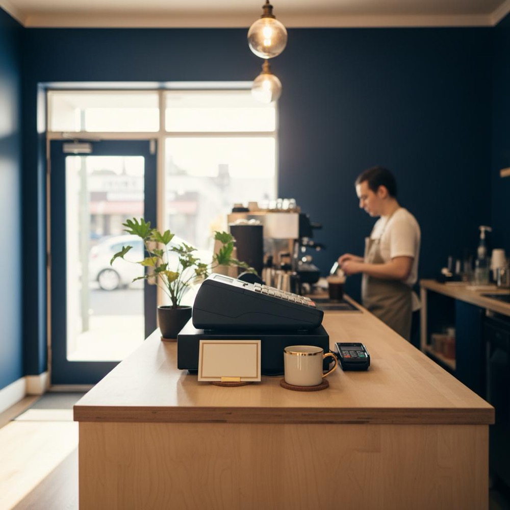 Tidy small-business storefront interior with warm lighting and a visible review card on the counter, subtle Orvus Ltd. colors; concept image for pay for negative Google reviews
