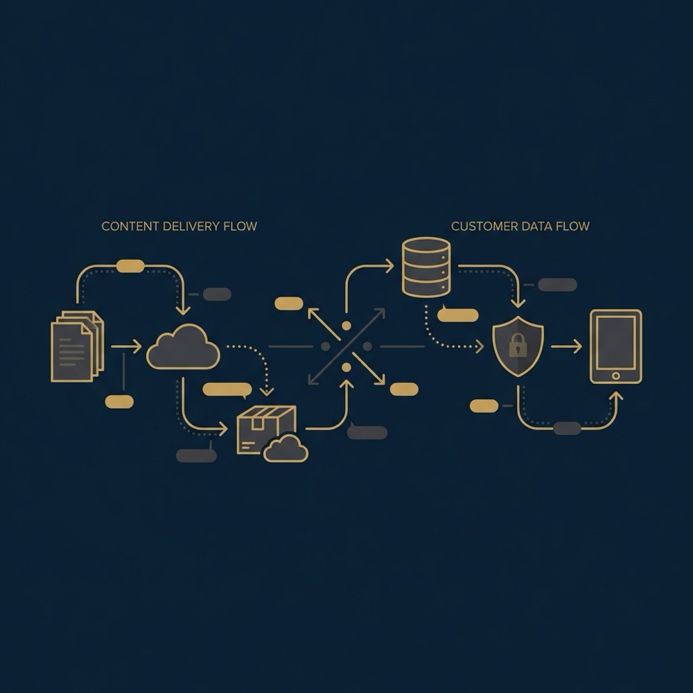 Minimal vector infographic showing content delivery and customer data flows with icons and color coded pipelines cms seo
