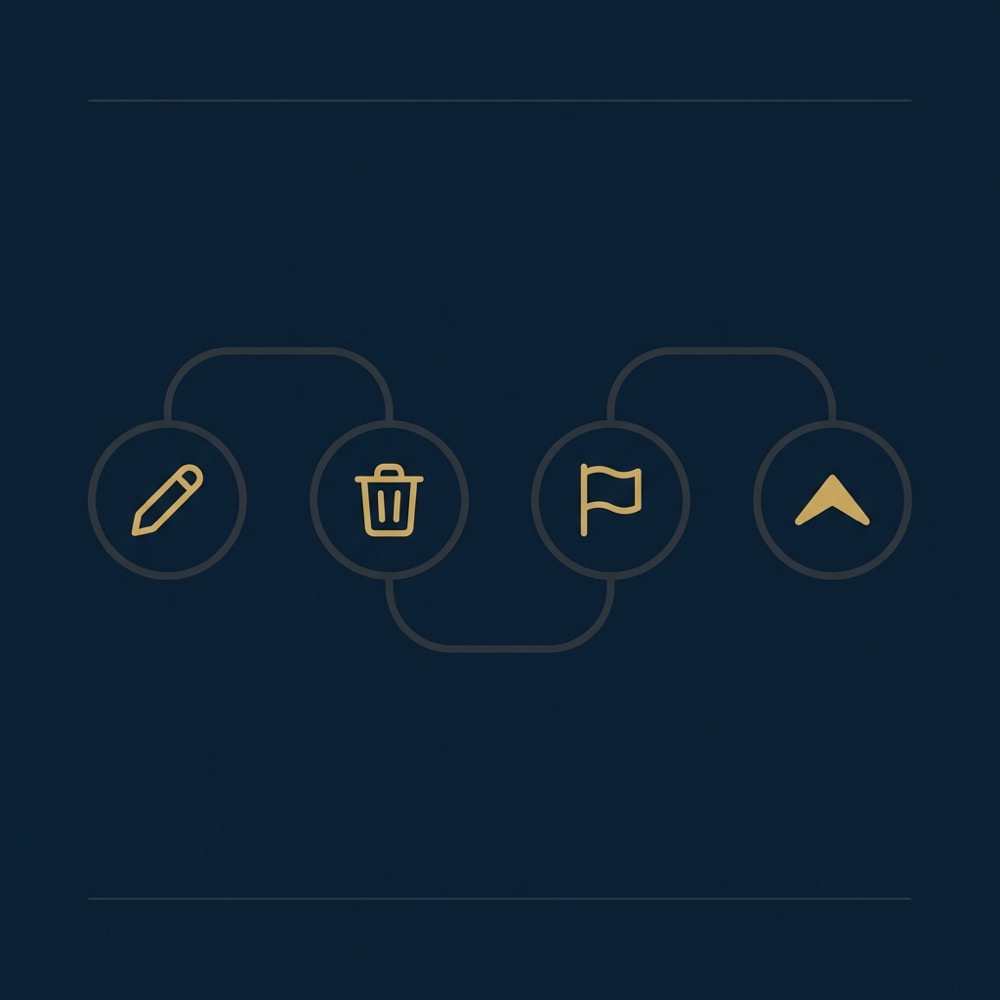 Minimalist 2D vector infographic showing a four step decision flow edit delete flag escalate illustrating how to delete your own reviews on a dark Orvus Ltd brand background