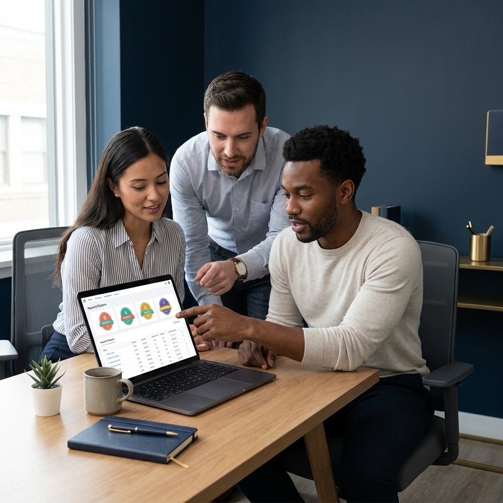 Small marketing team reviewing keyword clusters on a laptop in a minimalist Orvus Ltd workspace with deep navy background and gold accents longtail seo