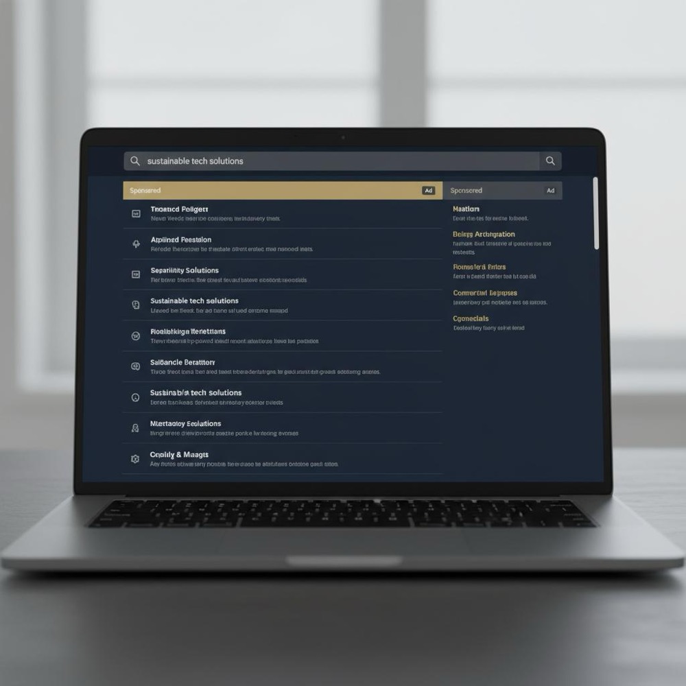 Laptop screen showing a search results page with highlighted paid search ad placements and organic listings, minimalist navy background #0B1E33 and gold accents #C8A45D.
