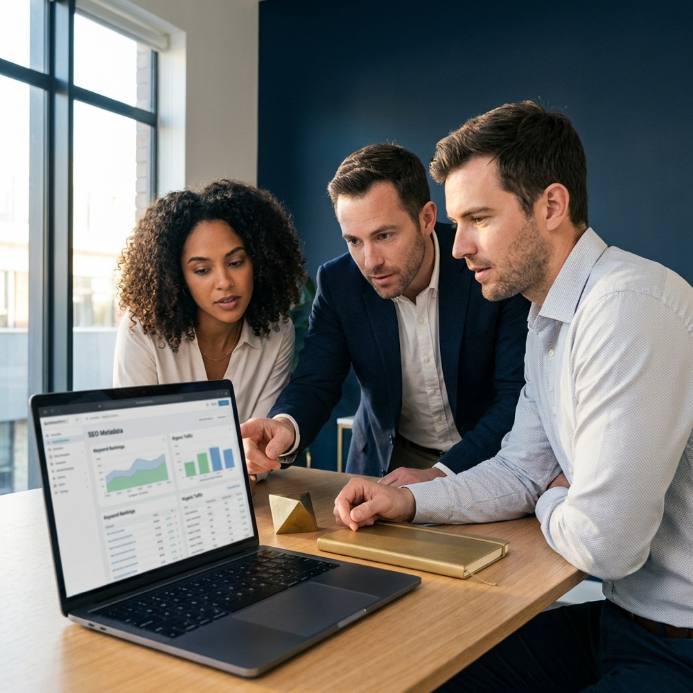 Small team reviewing seo meta metadata and analytics on a laptop in a minimalist navy office with C8A45D accents full frame no black bars