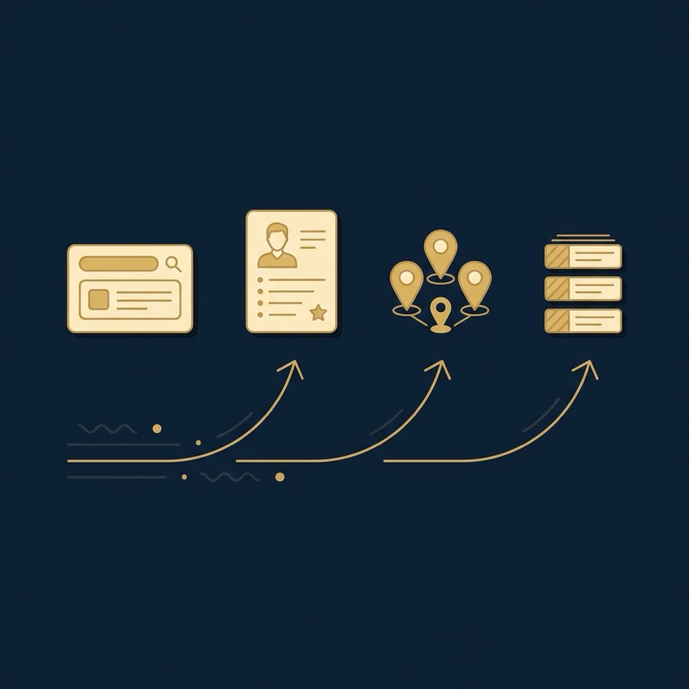 Minimal 2D vector infographic showing featured snippets knowledge panels local packs and ads shifting search result real estate serp seo on dark navy background