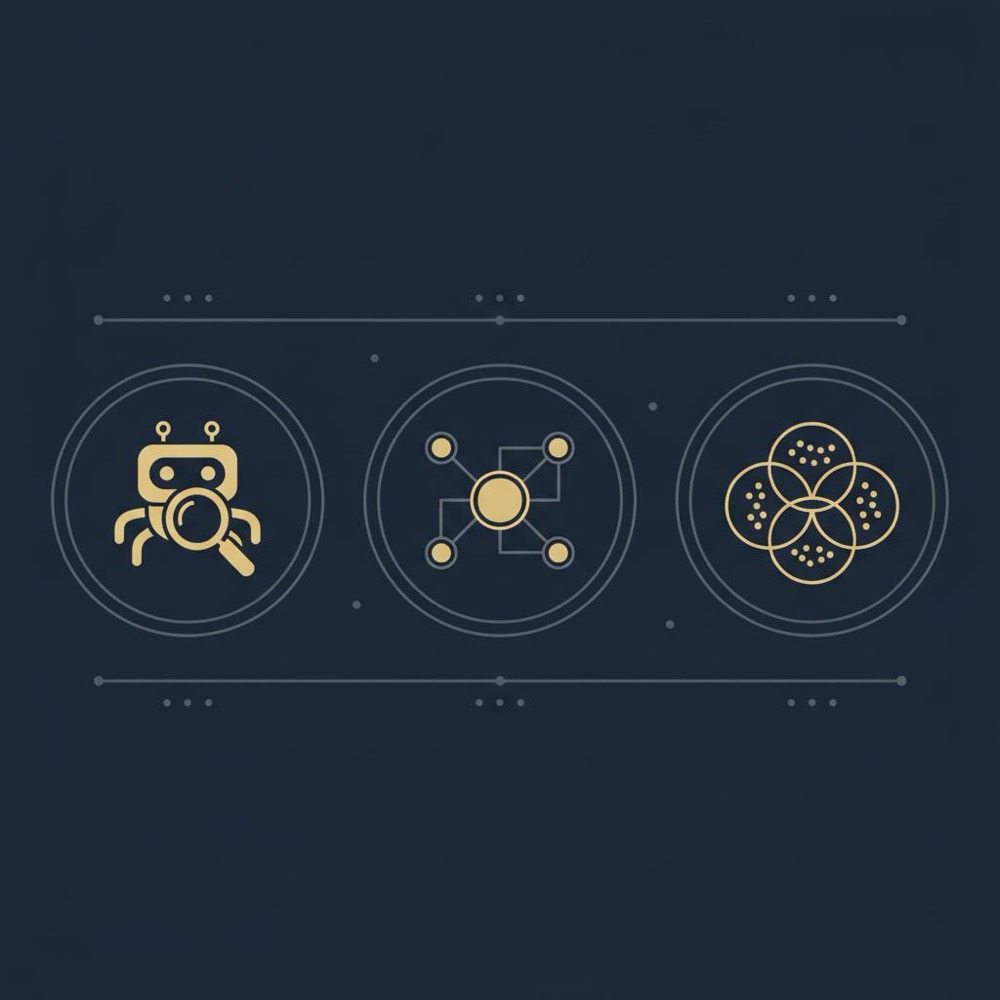 Minimal 2D vector infographic on navy background showing crawler icon, backlink map, and keyword clusters in Orvus Ltd brand colors - best SEO tool 2025