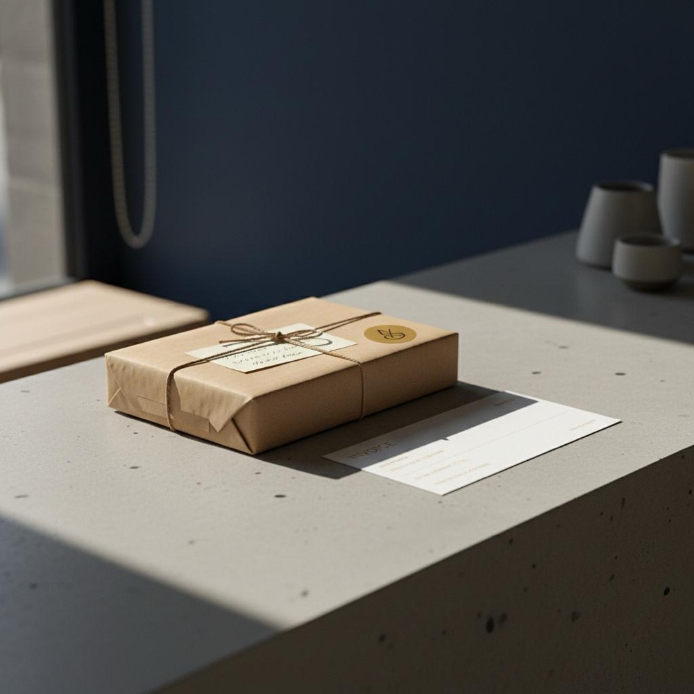 Minimal shop counter with a wrapped package, handwritten note and neat invoice, brand-accent sticker in #C8A45D; clean, minimalist scene representing backlinks.