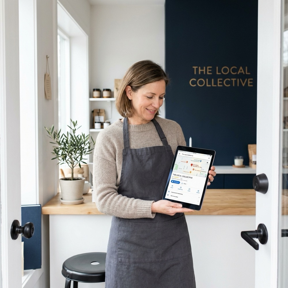 Small shop owner checks business profile on tablet with maps visible in a minimalist navy interior 0B1E33 and gold accents C8A45D highlighting local seo for small business