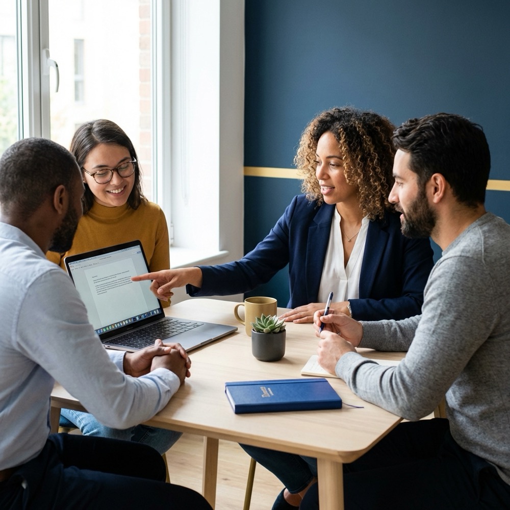 Small content team reviewing AI generated drafts on a laptop in a minimalist Orvus Ltd office with deep navy background and gold accents highlighting collaboration best ai for writing