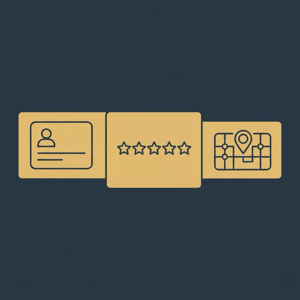 Minimal 2D vector infographic of layered panels showing a generic business profile card, five review stars, and a map pin on a map tile in Orvus Ltd. colors for local SEO.