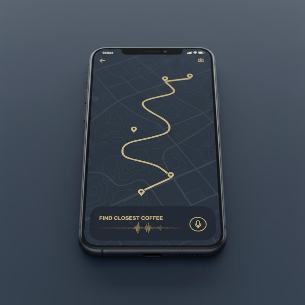 Close-up of smartphone screen showing map and spoken-query interface for voice search optimization, minimalist Orvus brand colors #0B1E33 and #C8A45D