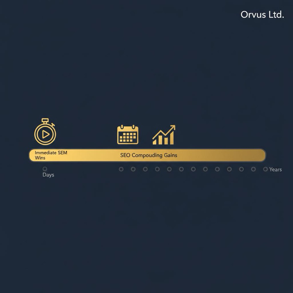 Minimal vector timeline infographic showing SEO vs SEM: short immediate SEM wins (days) and long-term SEO compounding gains (months to years) with gold accents on deep navy.