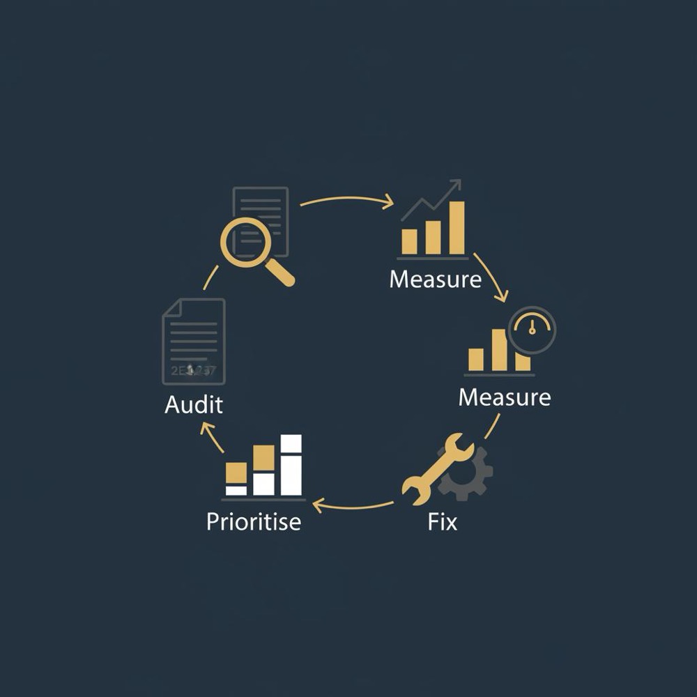 Minimal 2D vector infographic showing the ecommerce SEO implementation loop with four icons (audit, prioritise, fix, measure) on an Orvus dark blue background