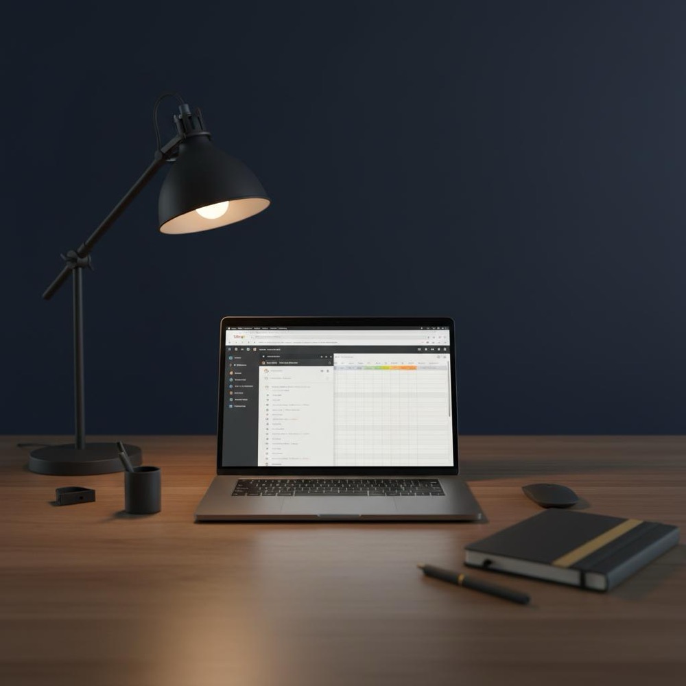 Minimal tidy workspace with laptop showing Google Search Console and a spreadsheet, warm desk lighting and a #C8A45D-accent notebook - visual to recover from black hat SEO penalties.