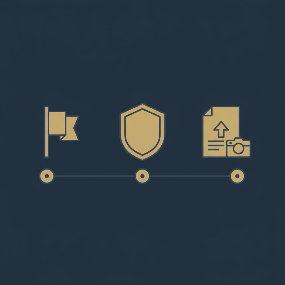 Minimal 2D vector infographic with three icons (flag/report, shield/policy, archive/screenshot) on a dark blue #0B1E33 background illustrating how long do Google reviews stay