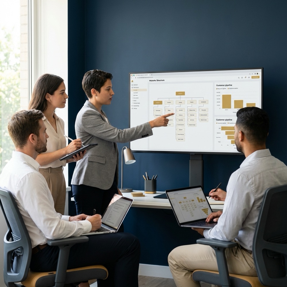 Small team reviewing site structure and customer pipelines on screen in minimalist office with natural lighting focusing on cms seo and brand colors 0B1E33 and C8A45D