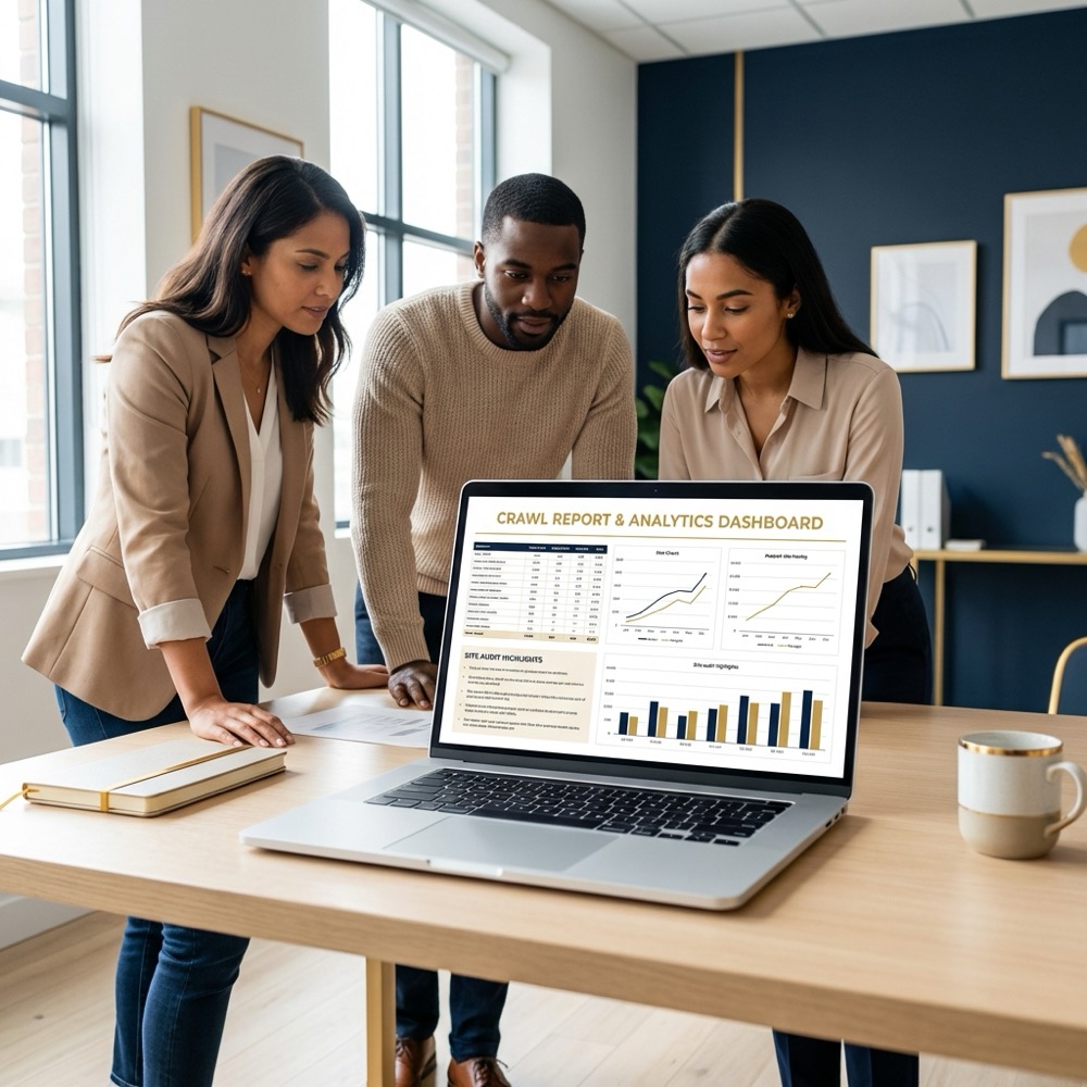 Marketing team reviewing a crawl report and analytics dashboard on a laptop in a clean navy and gold office focusing on off page seo