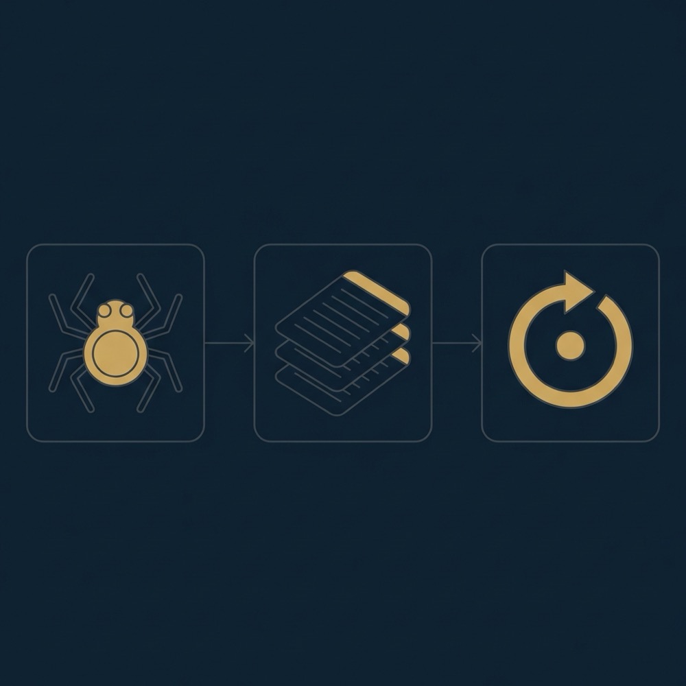 Minimal 2D vector infographic showing crawler icon server logs icon and recrawl steps in Orvus Ltd color palette dark blue background gold accents canonicalization seo