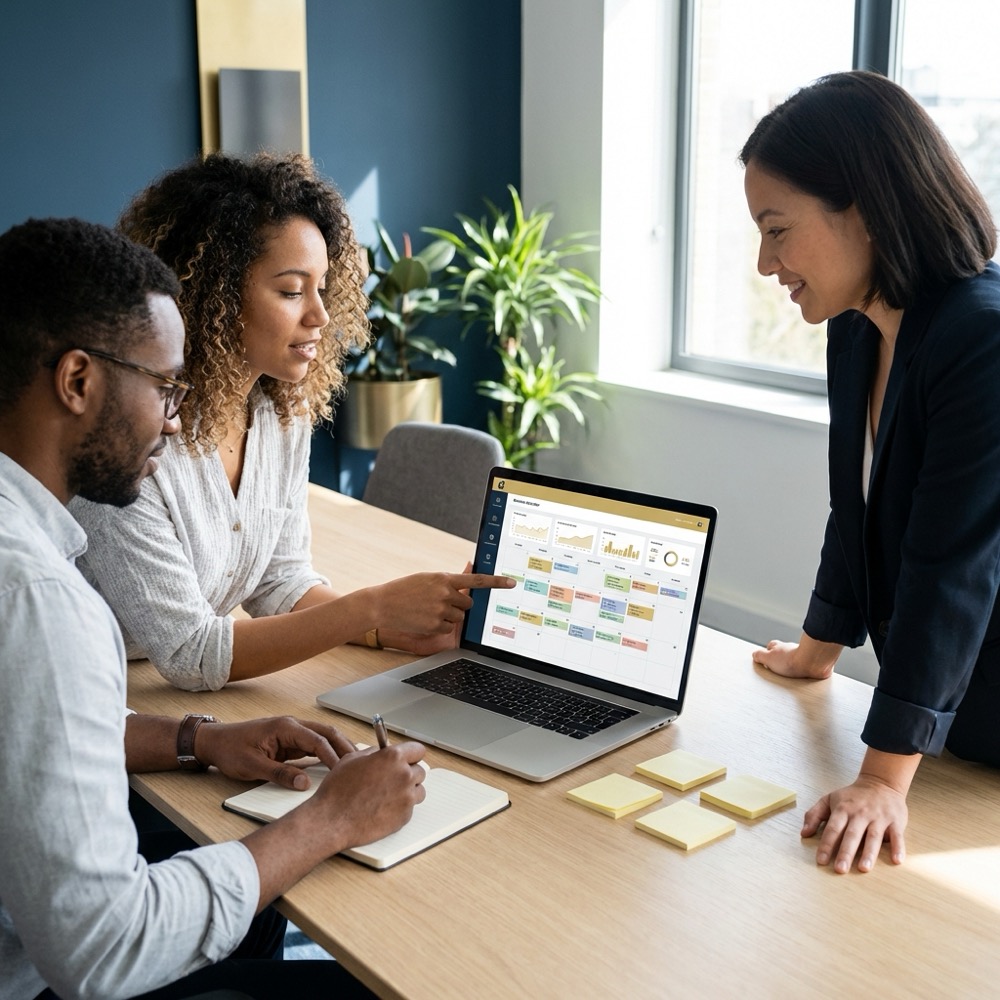 Small team reviewing a content calendar and analytics on a laptop in a clean minimal office setting content marketing and seo