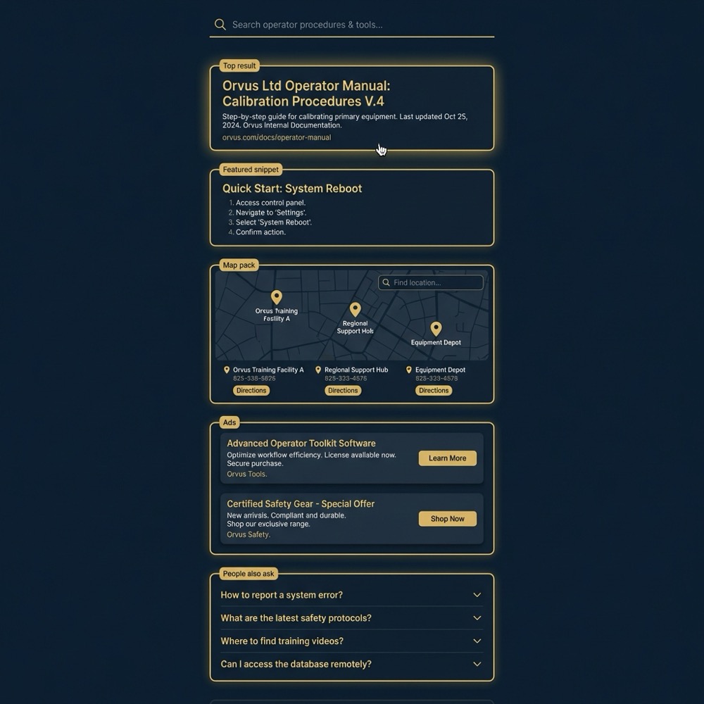 serp google screenshot minimalist Orvus branded SERP mockup on deep navy background with gold highlights showing featured snippet map pack and ads labeled for operators