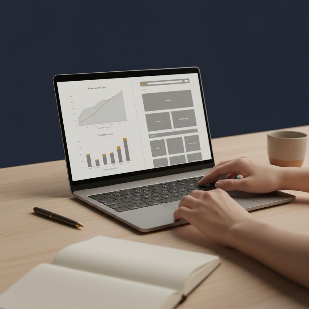 Hands-focused photo of developer and designer at a laptop showing performance charts and website wireframes in Orvus Ltd brand colors for website optimization.