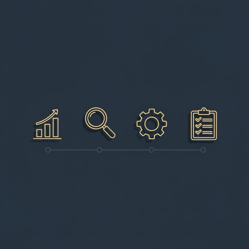 Minimal 2D vector infographic with four SEO icons (chart, magnifier, gear, checklist) on navy background in Orvus Ltd. colors, designed for a rank math review article.