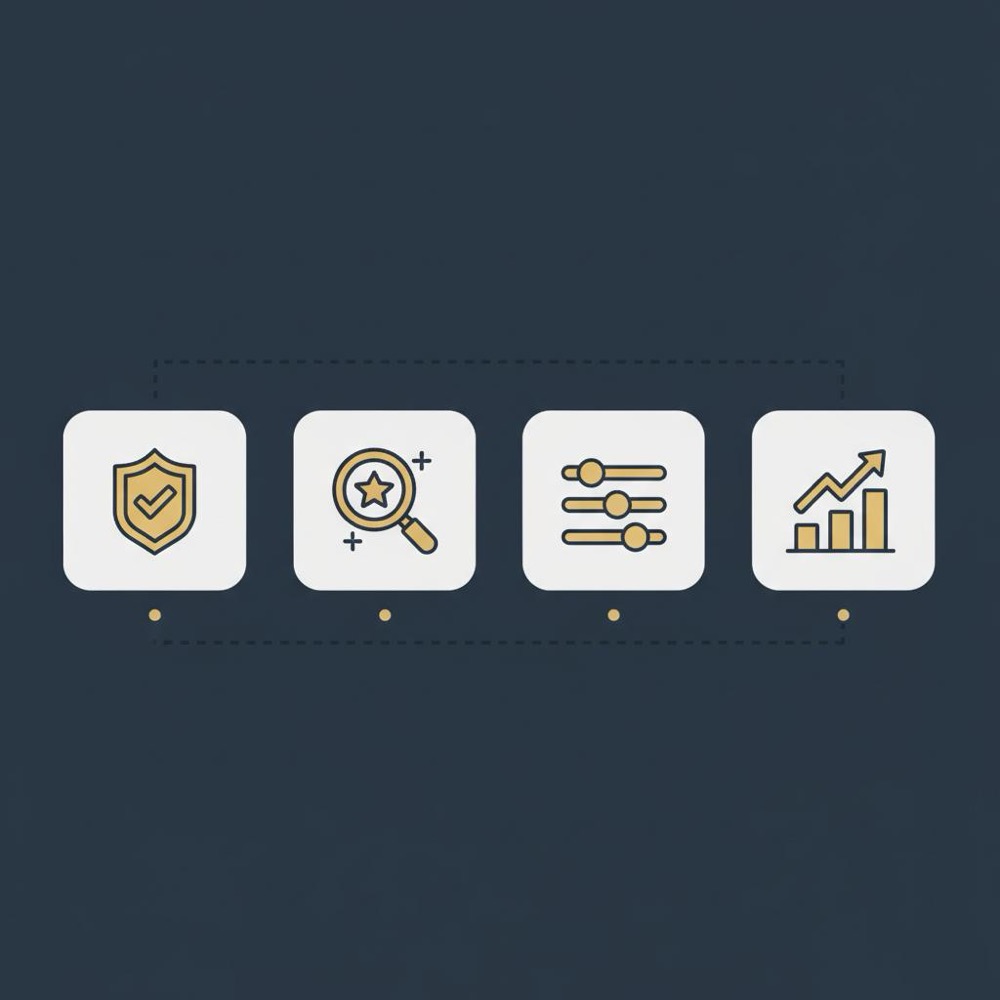Minimal 2D vector infographic comparing four SEO plugins with simple icons in Orvus Ltd colors, clean layout and no logos - best wordpress seo plugin