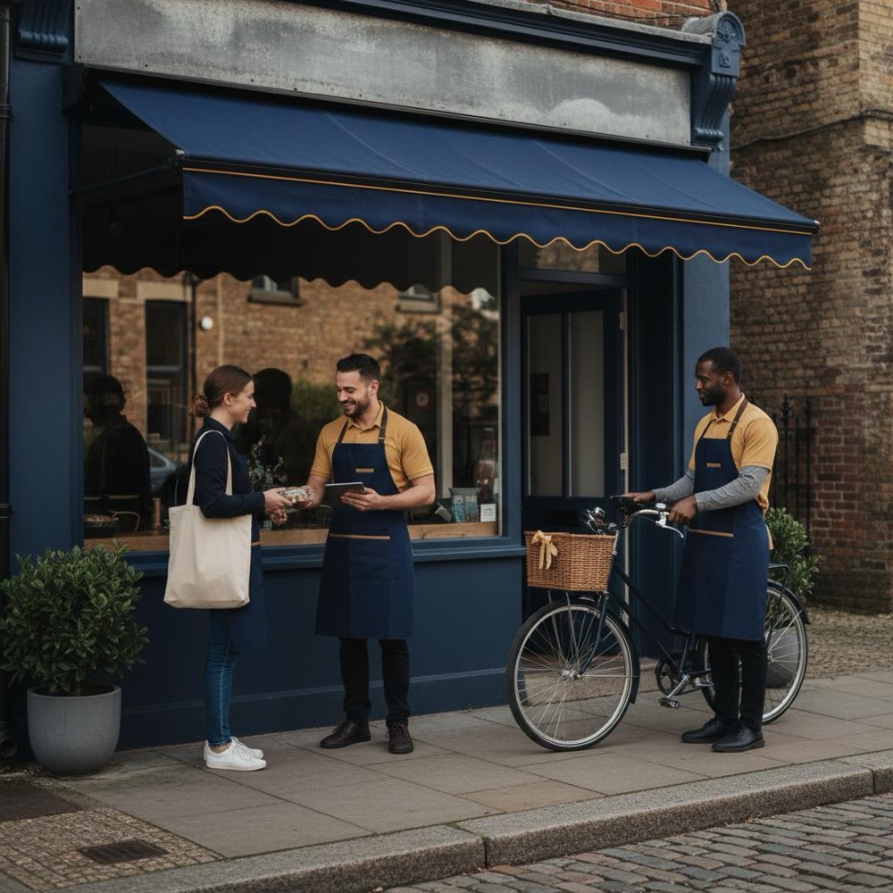 Daylight photo of a small local storefront with a service team interacting naturally, subtle #C8A45D accents and minimalist composition - how to rank gmb fast