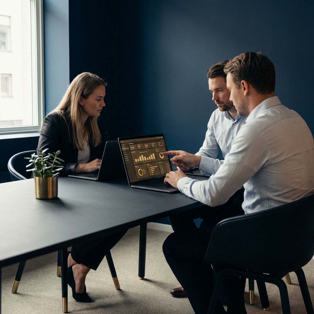 Small team reviewing campaign dashboards on a laptop for a search engine marketing analysis in a clean minimalist meeting room with brand colors 0B1E33 and C8A45D