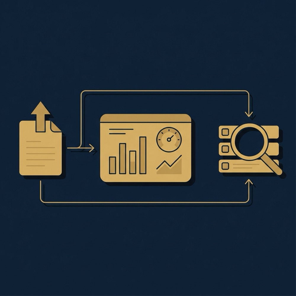 Minimal 2D vector infographic showing Search Console export feeding a dashboard and a parallel keyword tracker feed illustrating website ranking on google