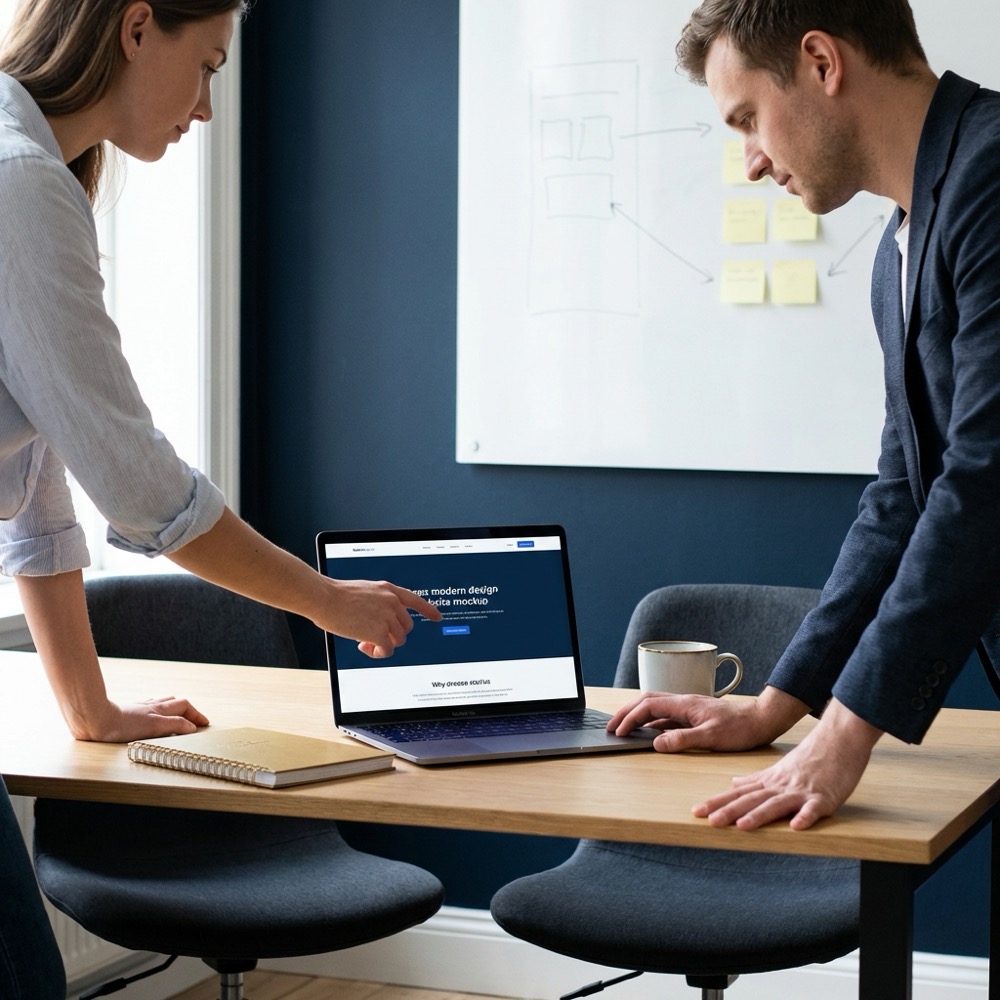 Designer and SEO reviewing a webpage on a laptop with a content map on a whiteboard in a minimalist office scene for web design seo services