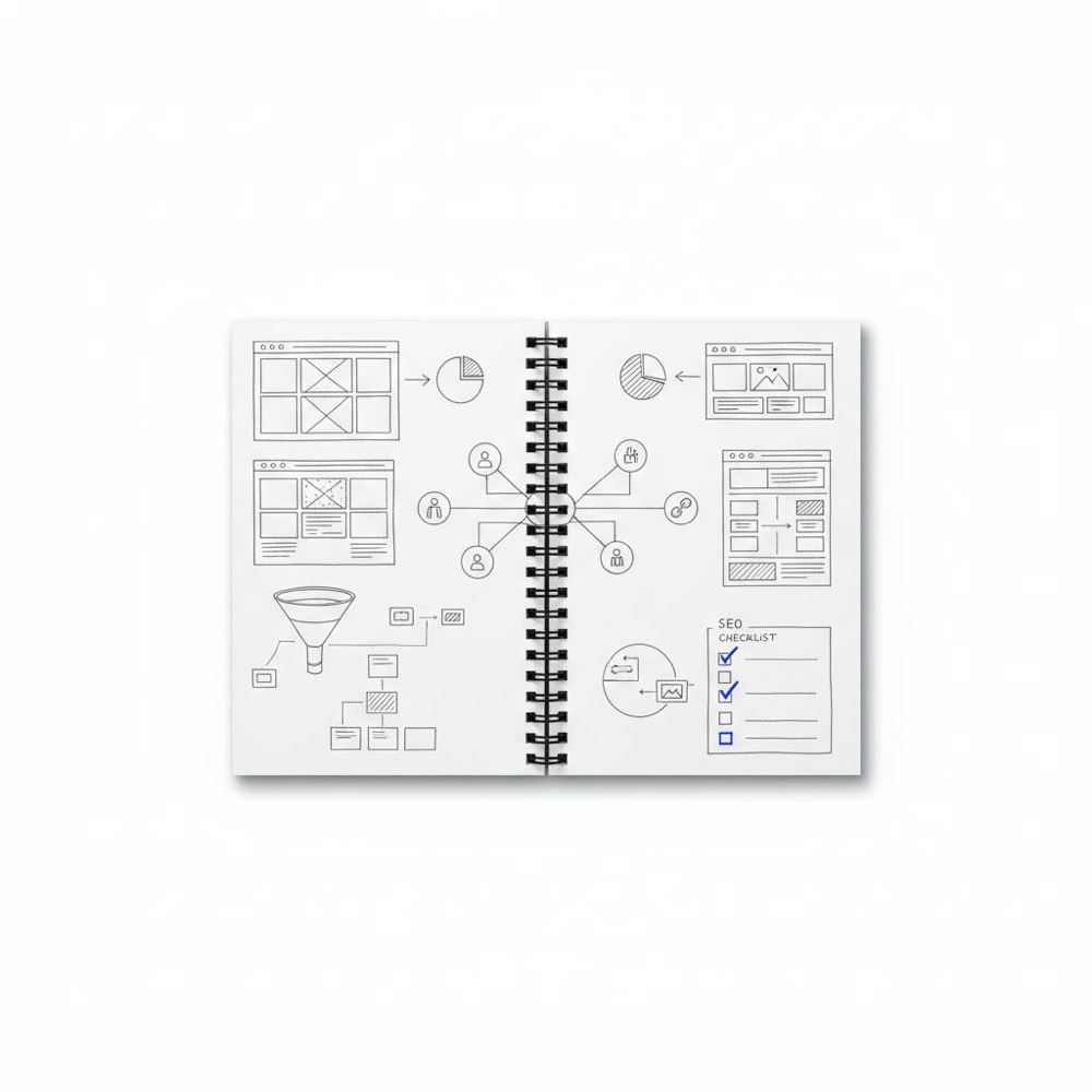 Top-down notebook-style workspace with hand-drawn web layout sketches, SEO checklist and icon boxes for export, media and URLs, illustrating Wix disadvantages in planning.