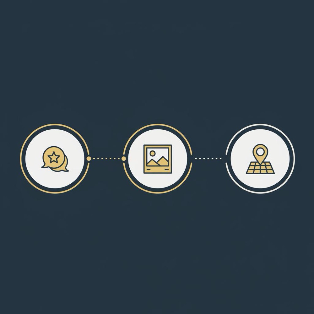Minimal 2D vector infographic showing reviews, photos, and map-pack icons in Orvus Ltd. brand colors for local search optimization.