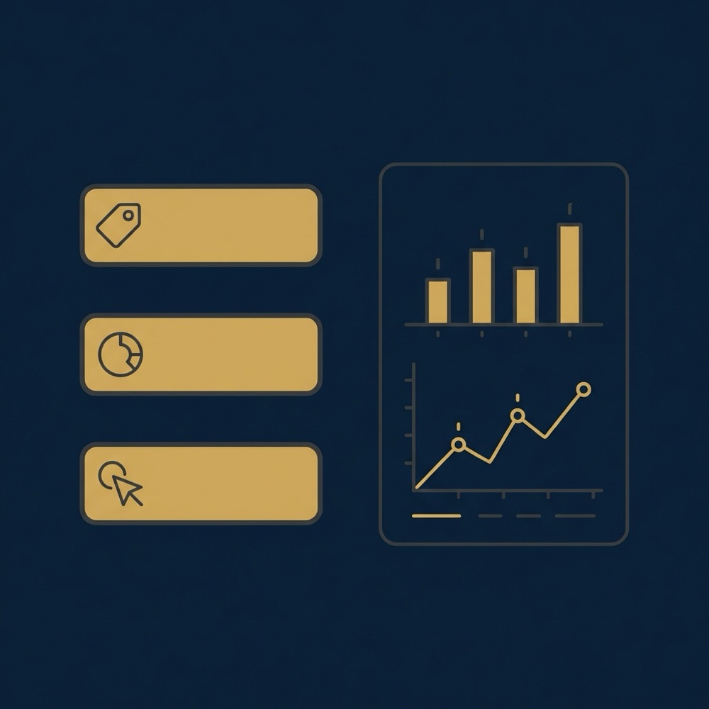 Minimal 2D vector infographic showing tagging fields and a compact dashboard chart for impressions and engagement for a linkedin bio
