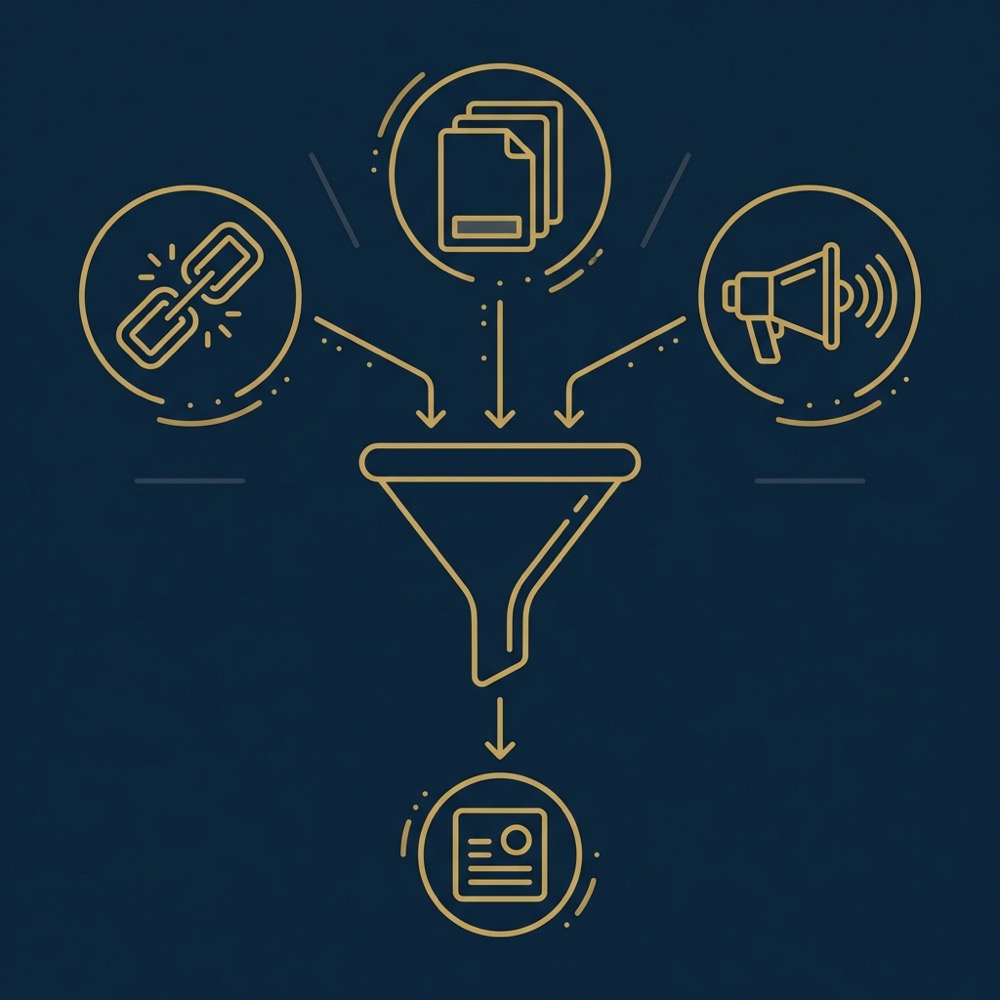 Minimal 2D vector infographic showing three channels broken link reclamation resource pages and PR feeding a central content funnel to get backlinks on a dark blue Orvus background