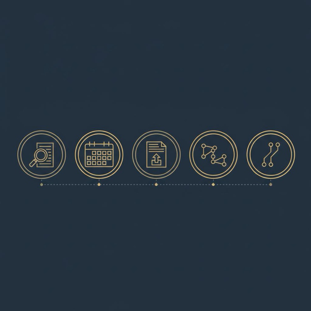 Minimal 2D vector infographic showing a five-step competitor keyword research workflow with icons for manual check, keyword planner, export, clustering and testing on a dark-blue background.